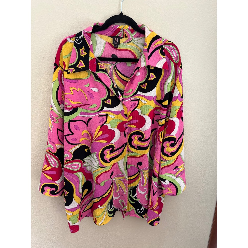 Milano Woman Pink Psychedelic Paisley Floral Crinkle Blouse Plus Size 3X A1027 - Picture 1 of 4
